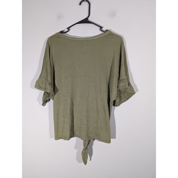 NWOT Max Studio Olive Short Sleeve Front Knot Top Woman Size L - Picture 2 of 6